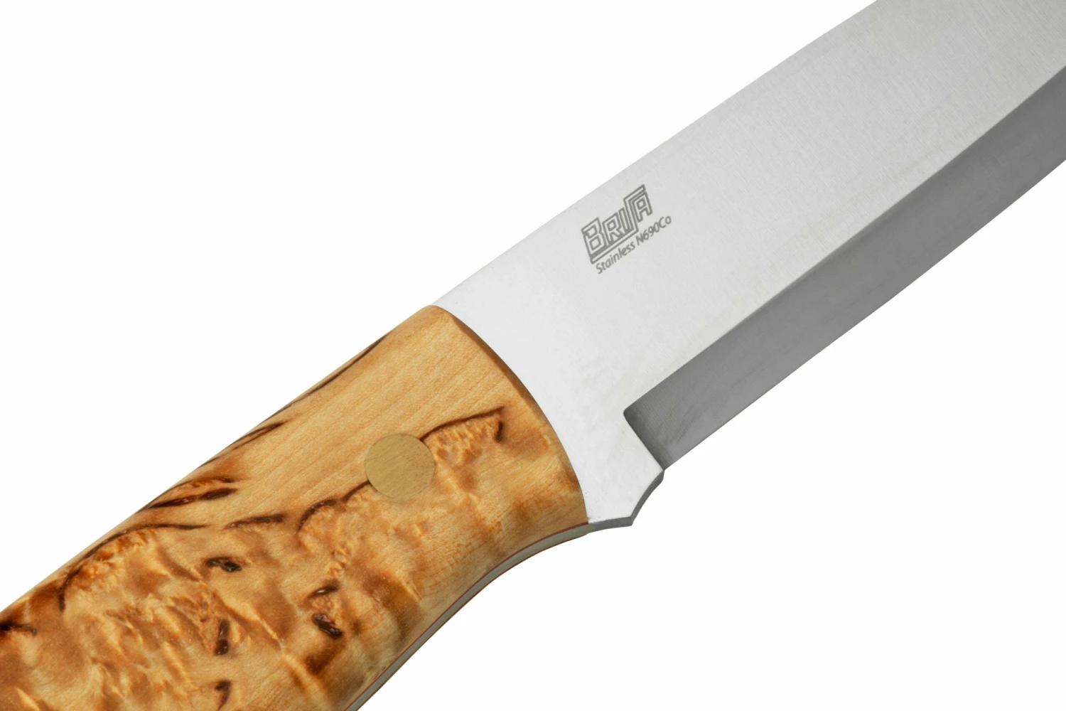 Brisa Trapper 95, N690Co Scandi, Stabilized Curly Birch, Couteau Fixe 7 Brisa Trapper 95, N690Co Scandi, Stabilized Curly Birch, Couteau Fixe – Image 5