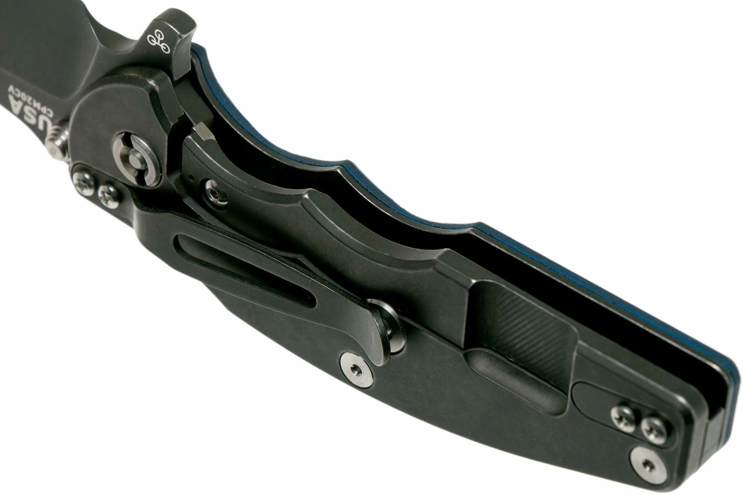 Rick Hinderer Jurassic Slicer Battle Black, Blue/Black G10 CPM 20CV Couteau De Poche 7 Rick Hinderer Jurassic Slicer Battle Black, Blue/Black G10 CPM 20CV Couteau De Poche – Image 5