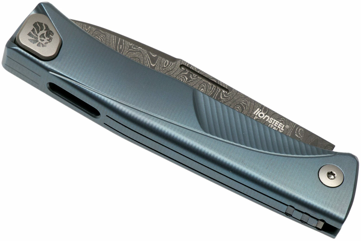 LionSteel Thrill TL-D-BL Damascus, Blue Titanium Integral Slipjoint Couteau De Poche 6 LionSteel Thrill TL-D-BL Damascus, Blue Titanium Integral Slipjoint Couteau De Poche – Image 4